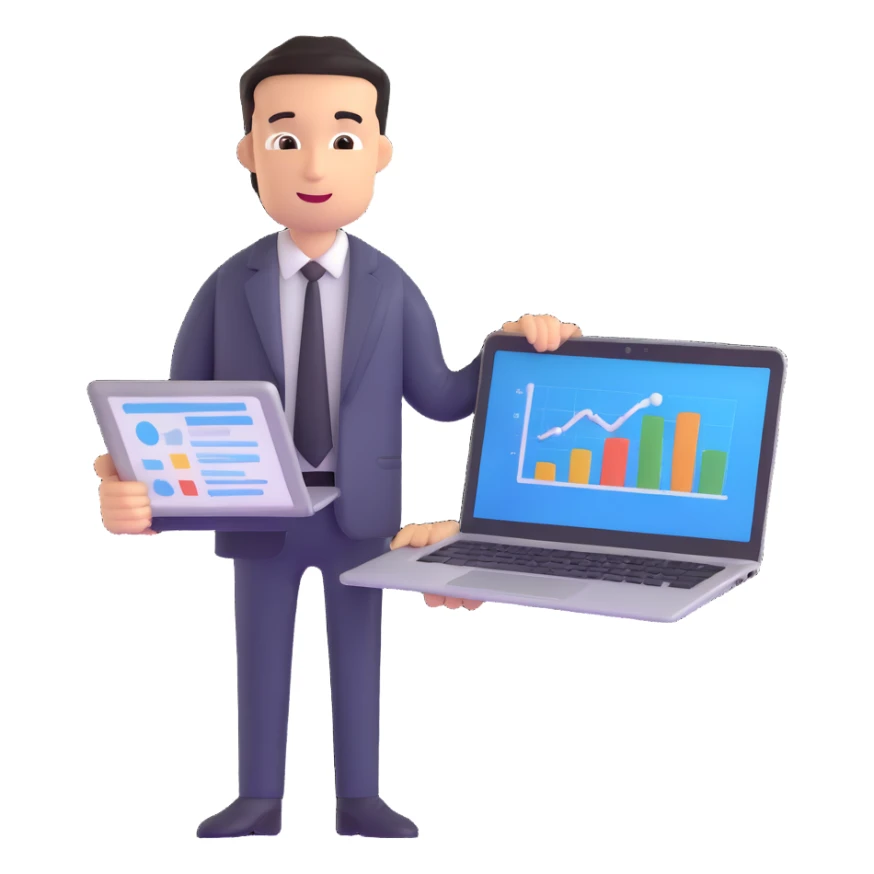 successful entrepreneur with laptop and business chart sticker