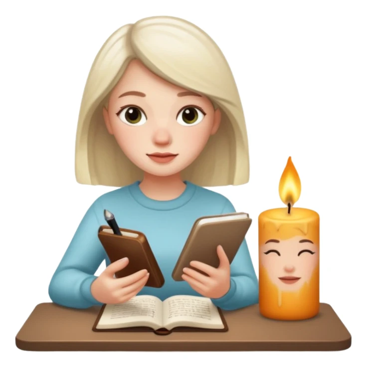 white-skinned 20-year-old woman, attractive, journaling with scented candle by her side, iPhone memoji style sticker