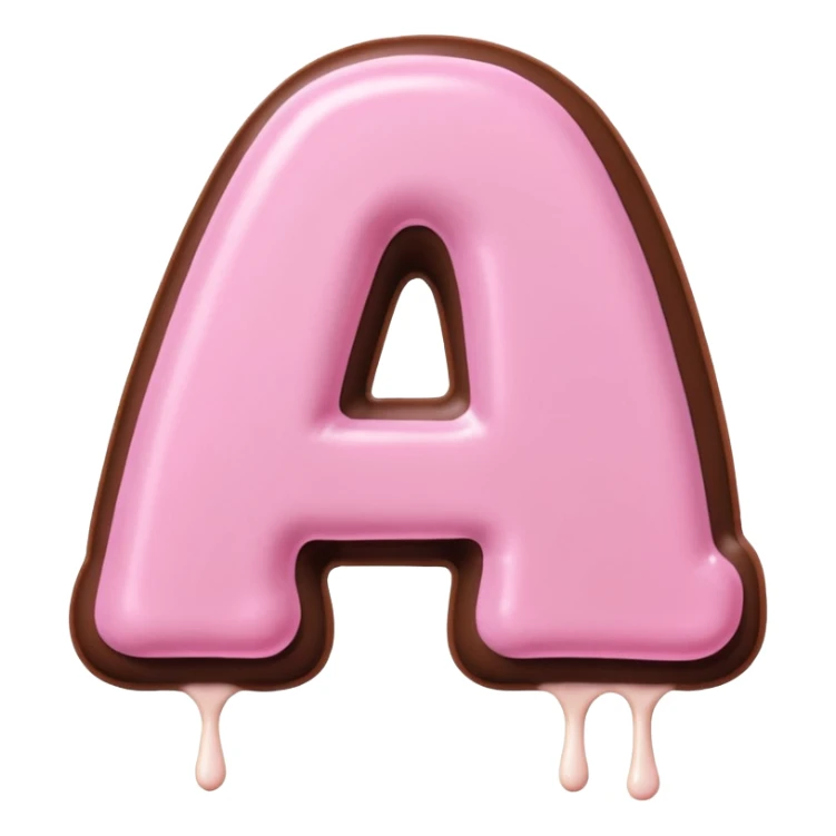 “Single pink bubble letter A, white outline, bottom dipped in chocolate with pink frosting drizzle, kawaii style, glossy, soft shading, clean outline, transparent background, Discord emoji size” sticker