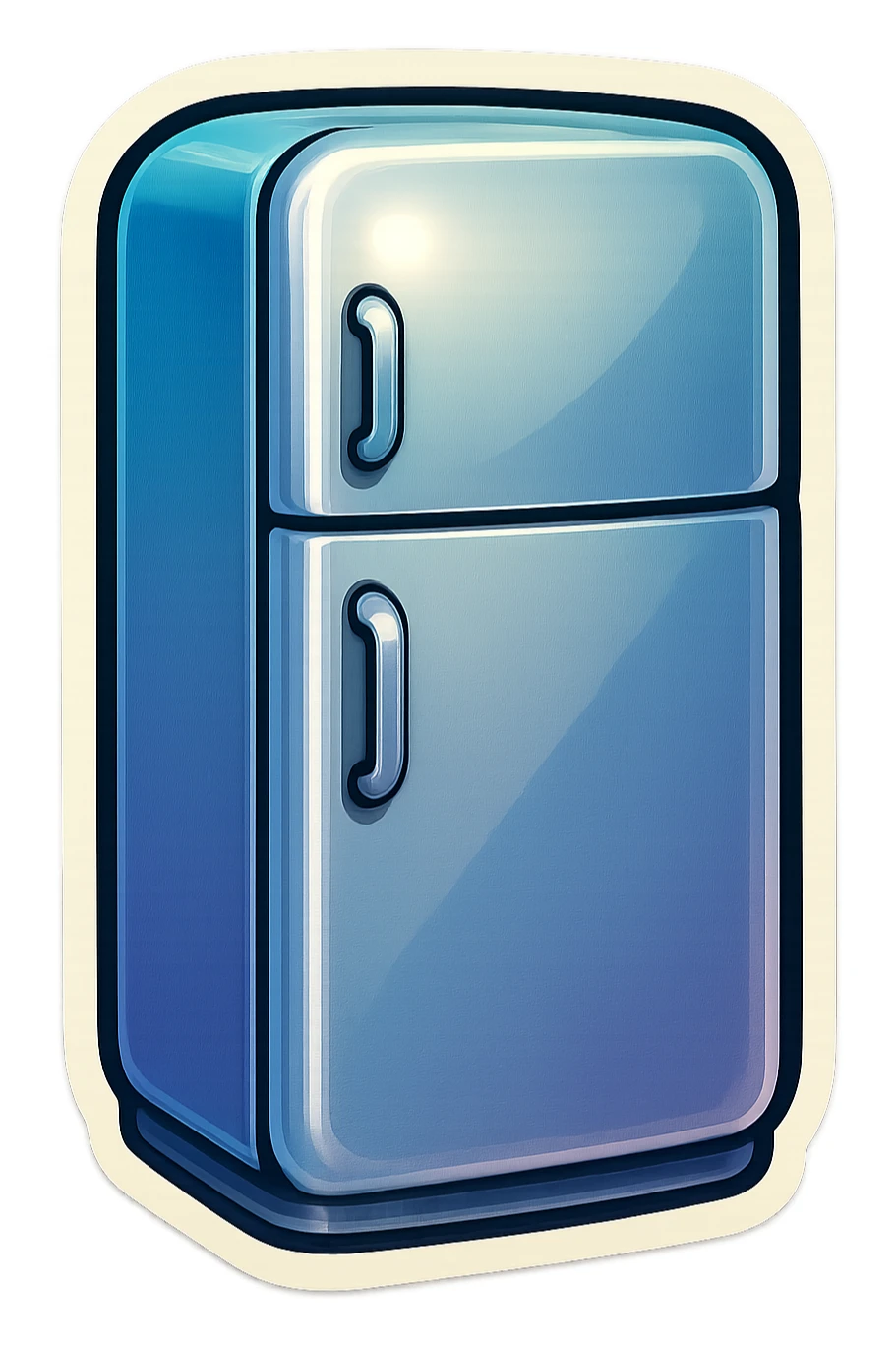 Closed modern refrigerator, flat vector style, rounded edges, simple handles, clean silver surface, minimal details, soft shadows, no brand logos, UI sticker look. sticker
