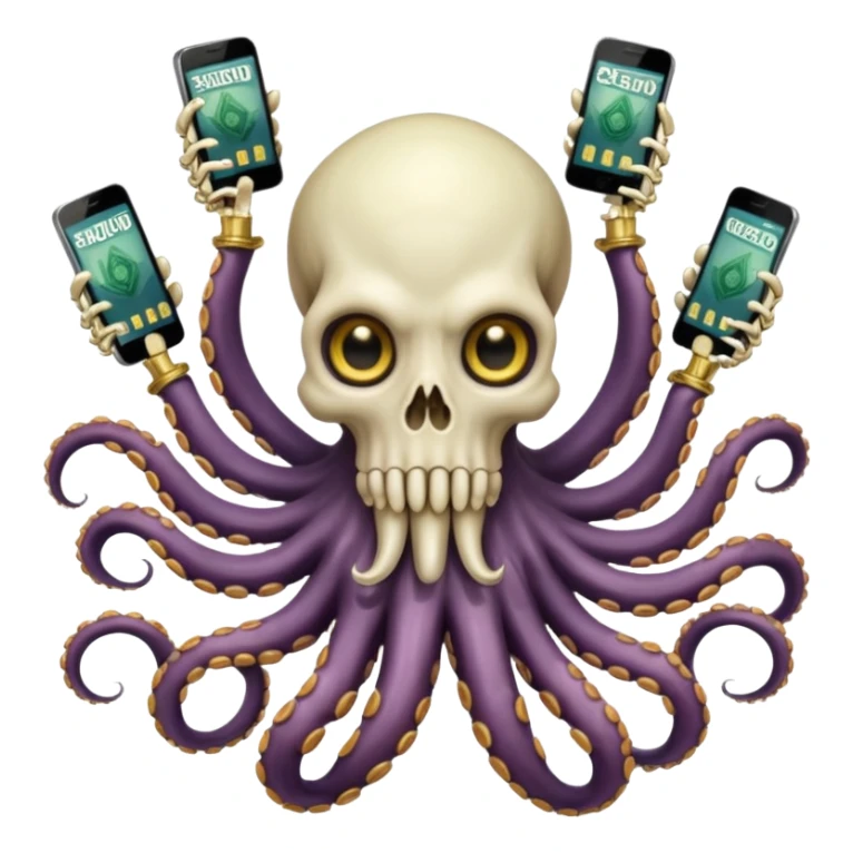 satanic octopus skeleton. Evil looking eyes, wearing a gold necklace. 2 tentacles are holding their own cellphones with one held up to its ear, 2 other tentacles are holding stacks of money sticker