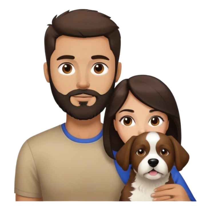 Brunette woman and brunette man with beard with a mixed race brown and black and white dog  sticker