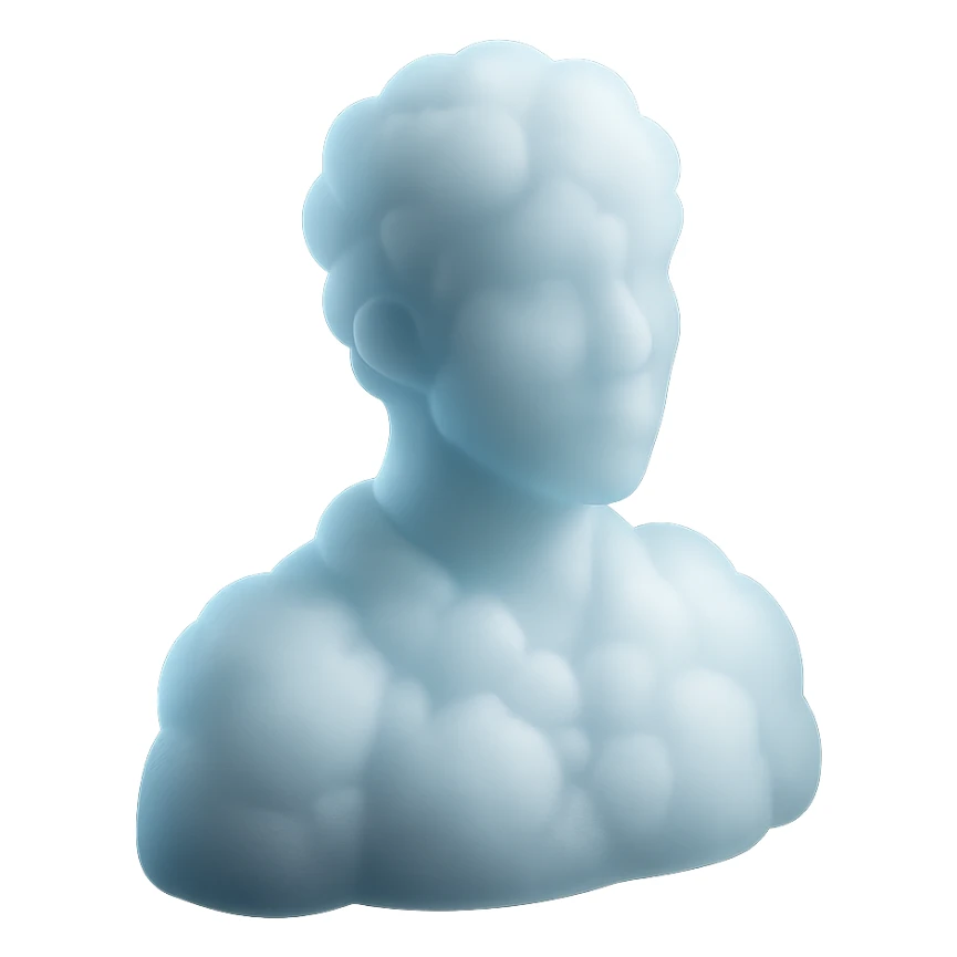 person looking straight, fully composed of white fluffy convex clouds, shoulder up sticker
