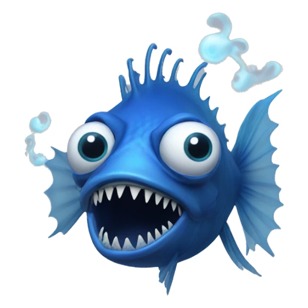 A blue angler fish with no lure with two eyes on the left side and having blue smoke surrounding it  sticker