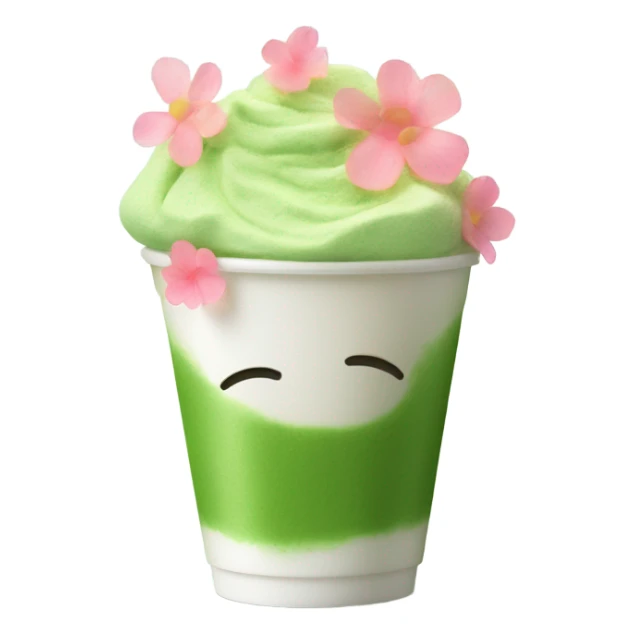 Matcha and ￼fluffy foam in plastic cup decorated with flower petals  sticker