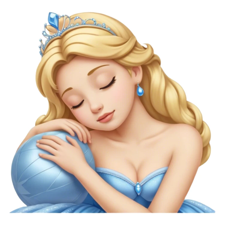 Cinematic Realistic Sleeping Cinderella Portrait, portrayed with exceptional realism: her luminous porcelain skin and exquisitely detailed golden-blonde hair lie softly under the gentle caress of natural light. Her eyes are peacefully closed in a serene, dreamlike slumber, and every fold and shimmer of her iconic ball gown is rendered with painstaking detail. The overall composition radiates a quiet, enchanting glow that encapsulates the timeless, restful beauty of a princess lost in a gentle, magical dream. sticker