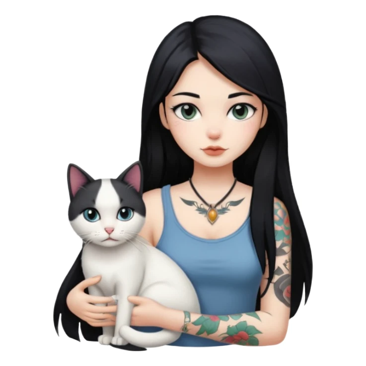 girl with long atraigh black hair and tattoos and a white cat sticker