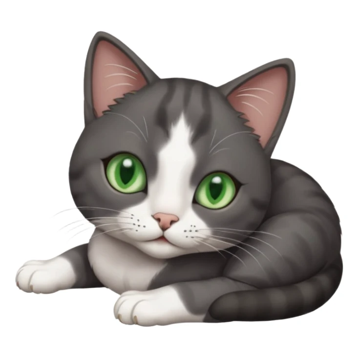 beautiful female solid dark grey cat with green eyes, white toes/paws and white patch on her chest rolling over sticker