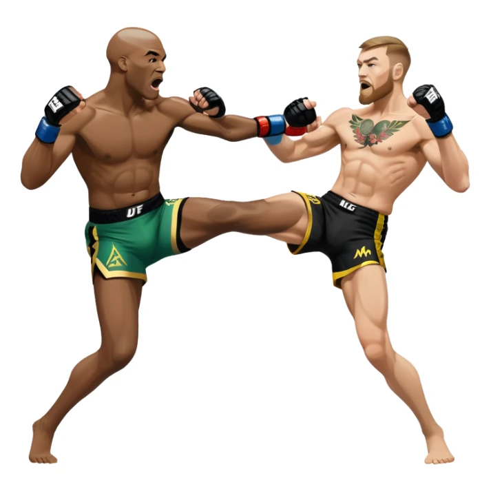 An MMA showdown between Conor McGregor and Anderson Silva in the octagon. McGregor is preparing a striking kick, while Silva is in a defensive stance. The background features the UFC octagon with cheering fans and intense energy. Transparent background  sticker
