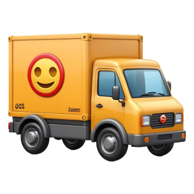 3D Apple-style emoji of a small delivery truck with a box container, simple wheels, and a shipping logo. Rounded, glossy, smooth, soft shadows, white background.



 sticker
