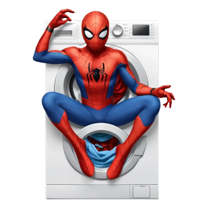 Die-cut sticker of Spider-Man sitting on a washing machine, bold vector art, thick white border, isolated on white background.with 4k resolution sticker