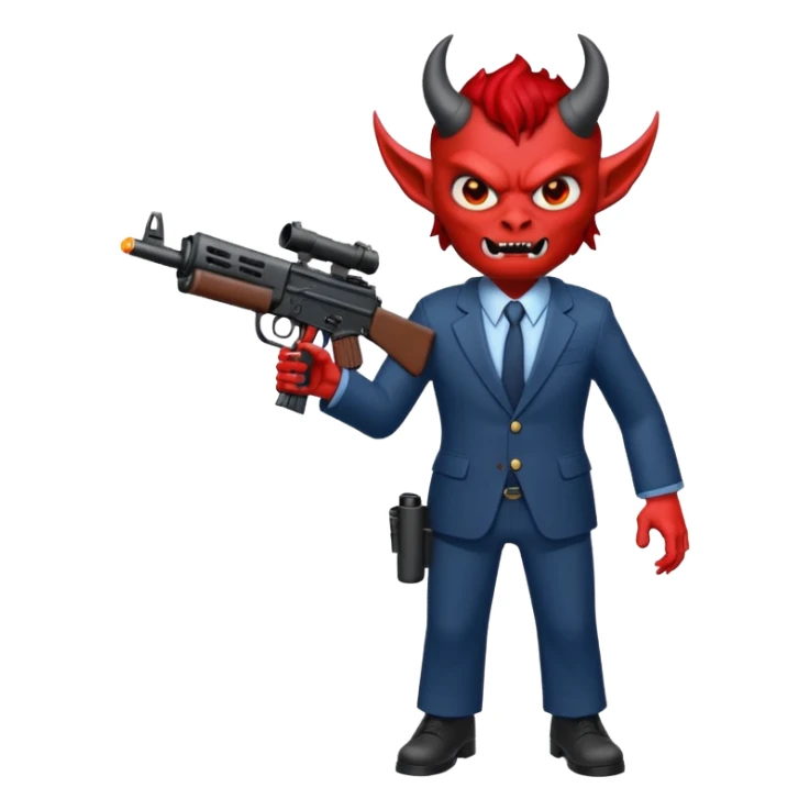 A Demon from hell that is dressed like a fbi agent with a machine gun, full body pointing the machine fun to the left. In the style of your be sticker