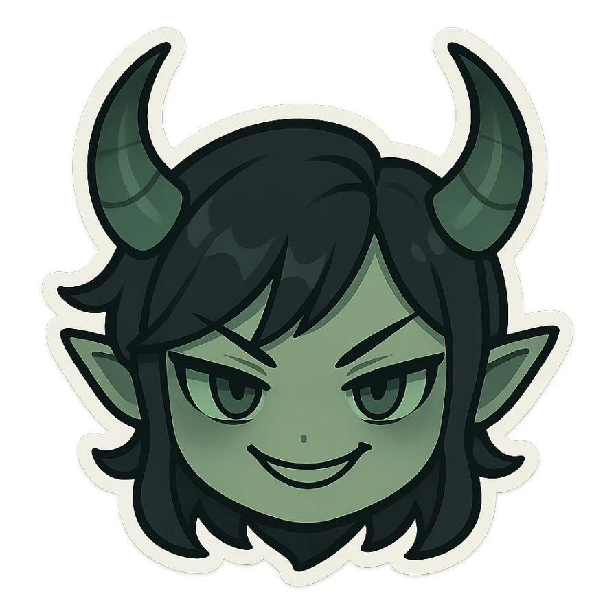 devil emoji in chibi style with gothic palette black and green, elegant horns, sinister smile sticker
