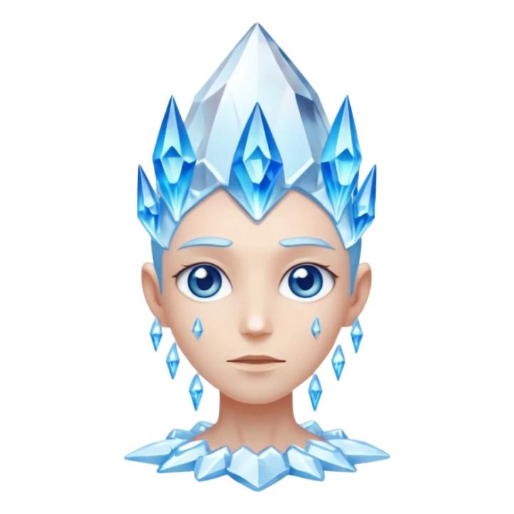 A single crystal character inspired by a clear quartz cluster, amorph base with many tall transparent crystal spikes growing upward all around it with a face sticker
