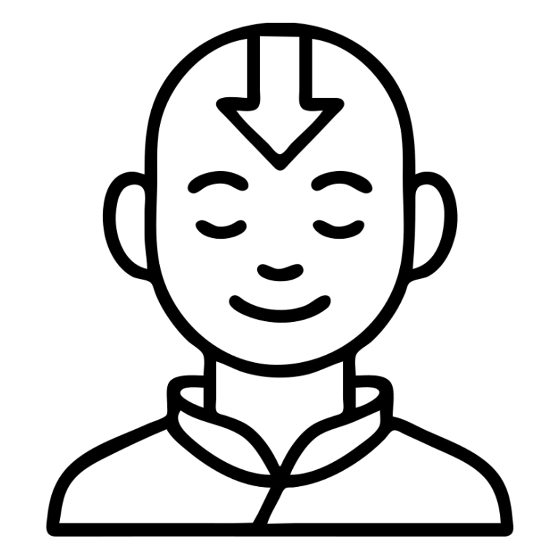 Avatar Aang simplified icon, bald head, blue arrow, orange robe, peaceful smile sticker