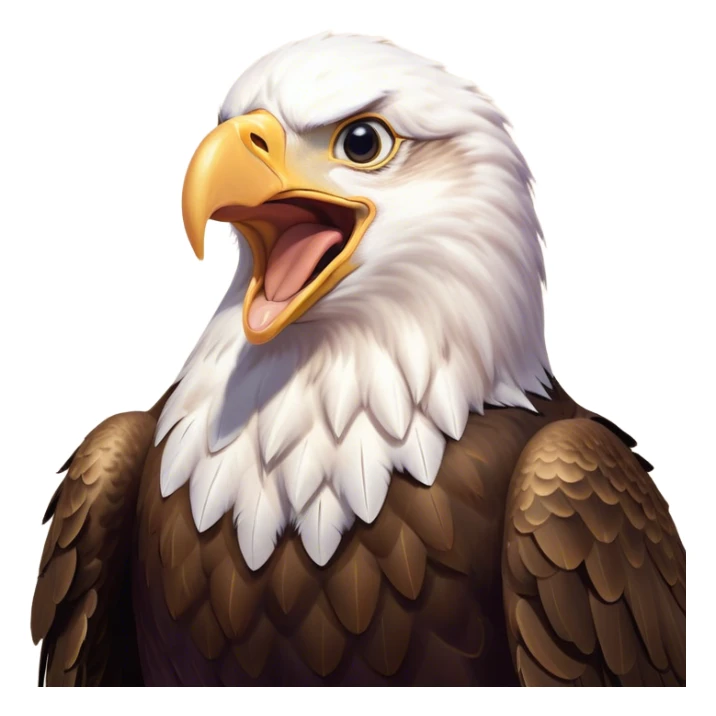 Cinematic Cute Yawning American Eagle Portrait Emoji, Head tilted slightly with a dramatic, wide-open yawn, showcasing a stately form with gently drooping feathers and sleepy, half-closed eyes, Simplified yet irresistibly adorable features, highly detailed, glowing with a soft, cozy majestic glow, high shine, relaxed yet expressive, stylized with a dash of whimsical aerial charm, soft glowing outline, capturing the essence of a drowsy yet affectionate American eagle that appears ready to stretch out for a nap! sticker