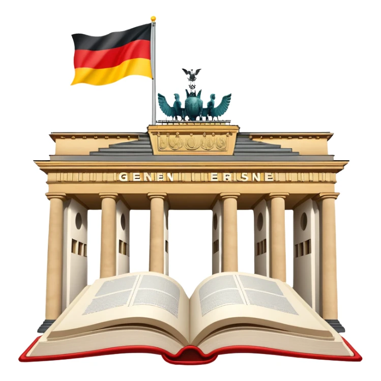 An icon featuring the Brandenburg Gate and the big flag of Germany, symbolizing the German language. The design includes an open book with German text representing language learning and German culture. Transparent background highlights the essence of German heritage. sticker