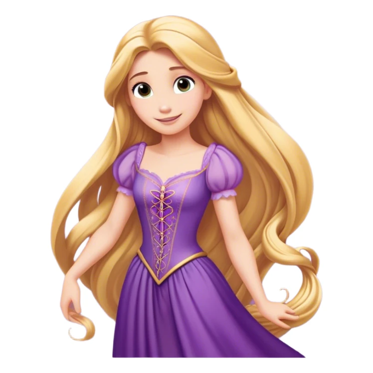 Cinematic Radiant Rapunzel Portrait Emoji, rendered in a flat vector style with clean proportions. Show Rapunzel with a gentle smile, fair, glowing skin, and her iconic long golden hair cascading softly, wearing a simple, elegant purple dress. The image radiates a warm, enchanting glow, high shine, and is accentuated by a soft glowing outline. sticker