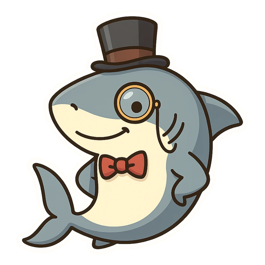 classy shark with a monocle and top hat, looking dapper, cartoon style sticker