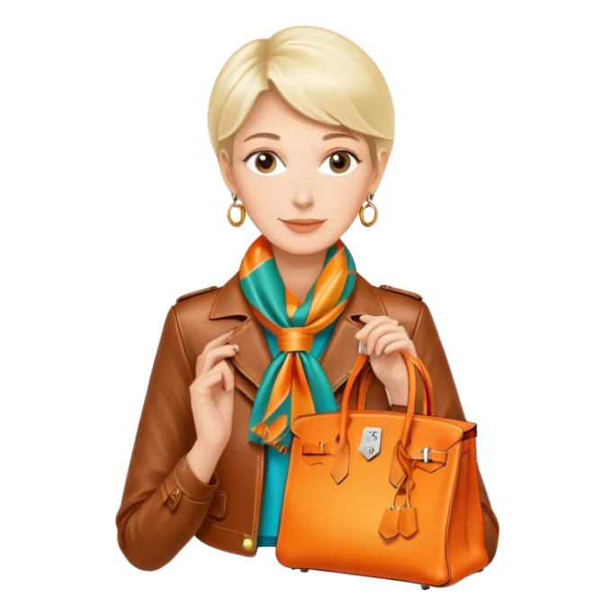 Mature equestrian woman wearing a leather Hermes jacket and a multicolored silk scarf around her neck. She has an orange Hermes Birkin Bag. I want the image to be close up, starting from the waist up.  sticker