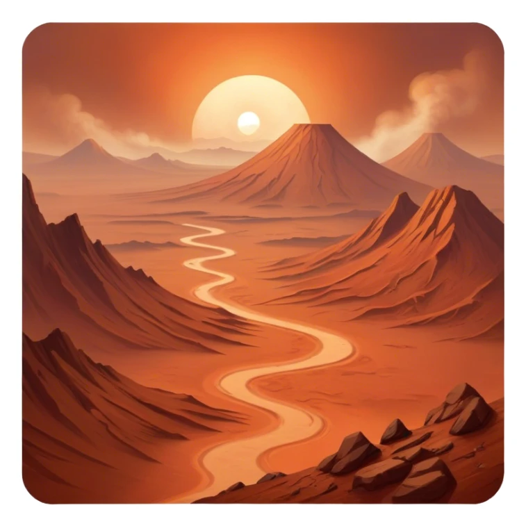 🔥 Cinematic Realistic Mars – A striking, high-resolution image of the Red Planet, featuring its iconic rust-colored terrain, deep canyons, and towering volcanoes. Swirling dust storms can be seen in the thin Martian atmosphere, with sunlight casting long shadows over its desolate, rocky landscape. sticker