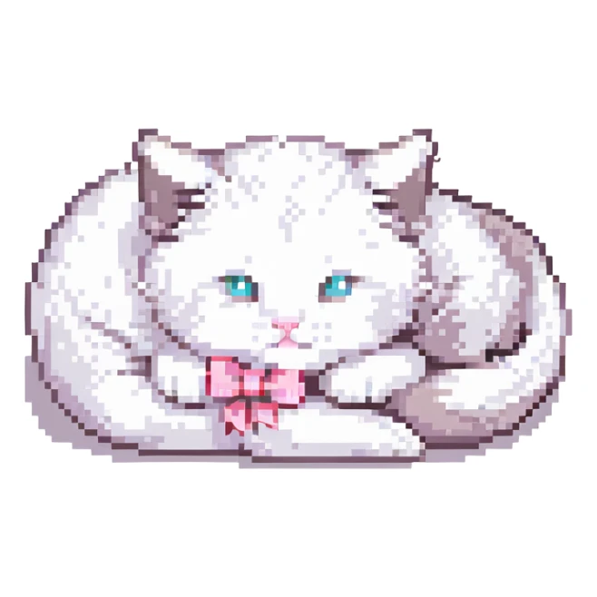 cute fluffy white kitten with a light pink bow, curled up sleeping, pixel art style sticker