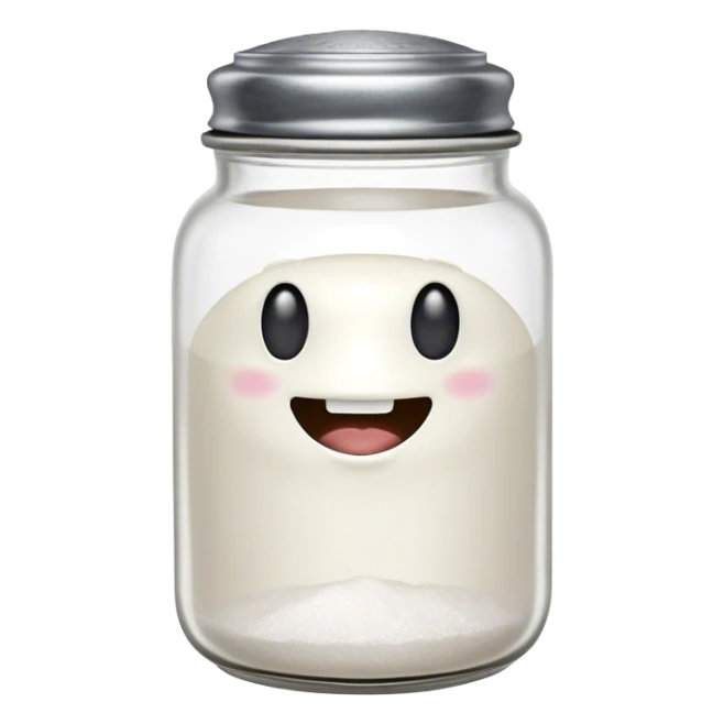 A mischievous anthropomorphic salt jar with transparent glass body and metal lid sticker