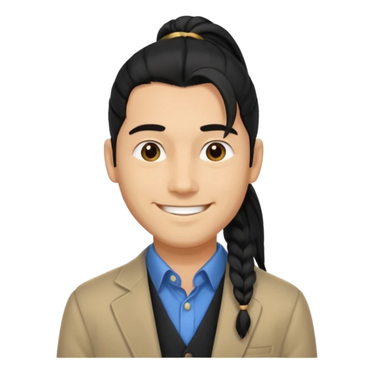black long pony tail hair man with polite outfit smile warmly sticker