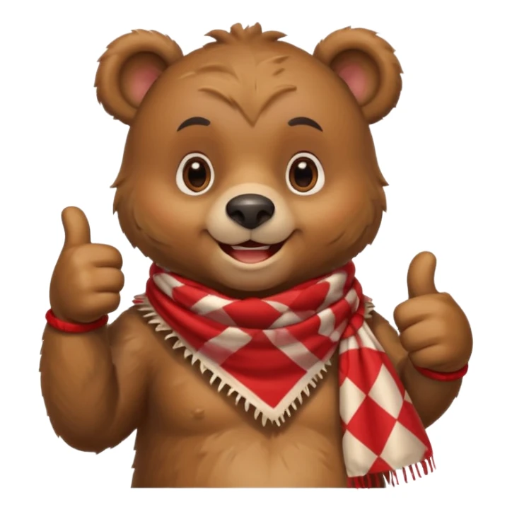 a cute bear smiling and giving thumbs up, wearing red Checkered Triangle scarf sticker