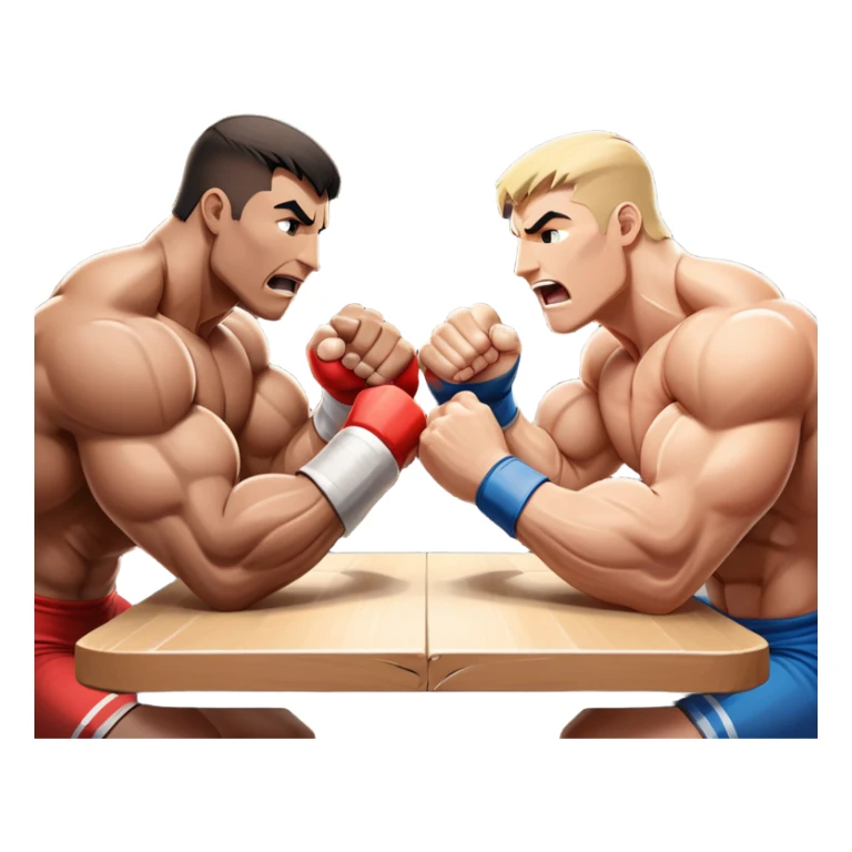Two strong competitors locked in an intense arm wrestling match, muscles tensed as they battle for victory. The table is well-lit, showcasing their focused expressions and powerful arm grips. The background features a competitive arena with a cheering crowd. Transparent background. sticker