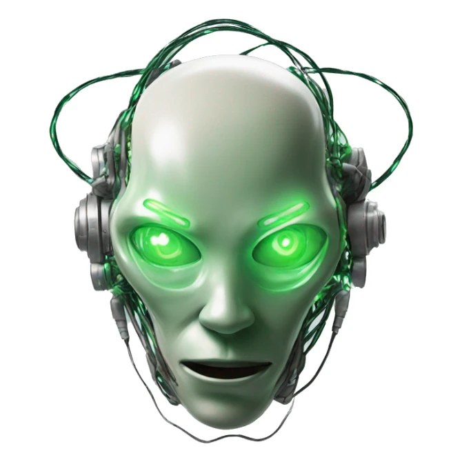 Alien cyborg head with glowing wires and green eyes  sticker
