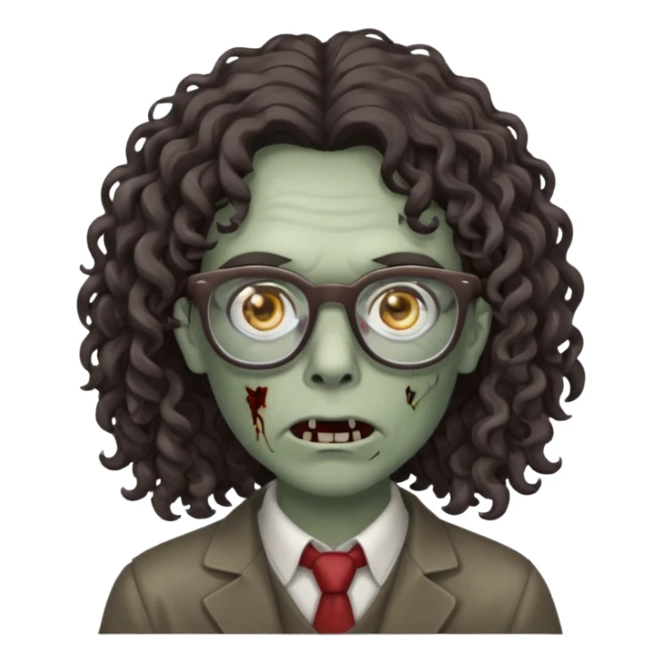 make a zombie with grey skin and long dark brown curly hair and glasses sticker