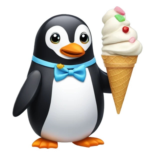 Penguin with a bow tie eating an ice cream sticker