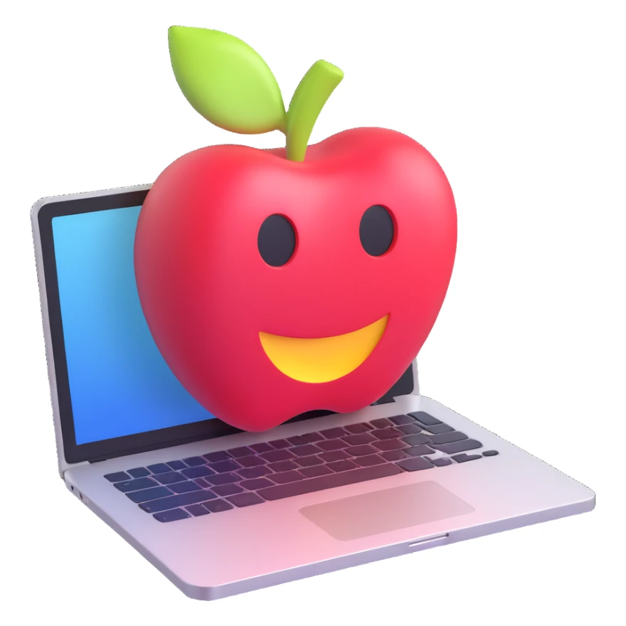 Remove the Mac logo from the laptop, keeping the rest of the image unchanged. Maintain the modern 3D Apple emoji style, soft shadows, glossy details, and transparent background. sticker
