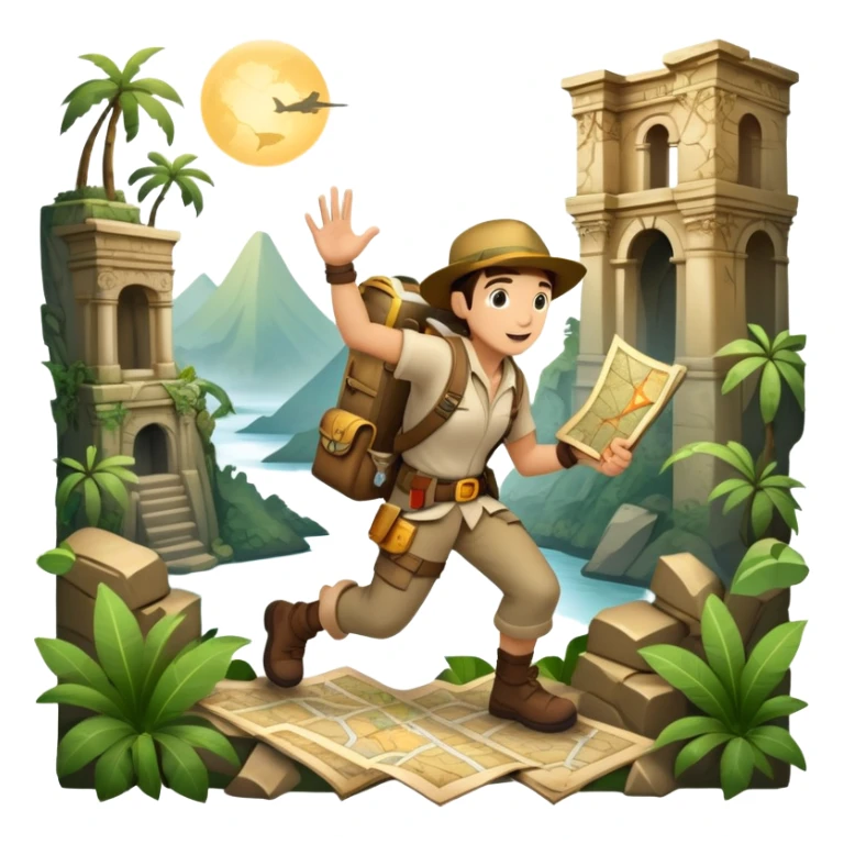 An icon featuring an adventurer in a dynamic action pose, with treasure maps, ancient ruins, and jungle landscapes in the background. The design includes clues, hidden passages, and climbing gear, symbolizing the thrill of exploration and discovery. Transparent background. sticker