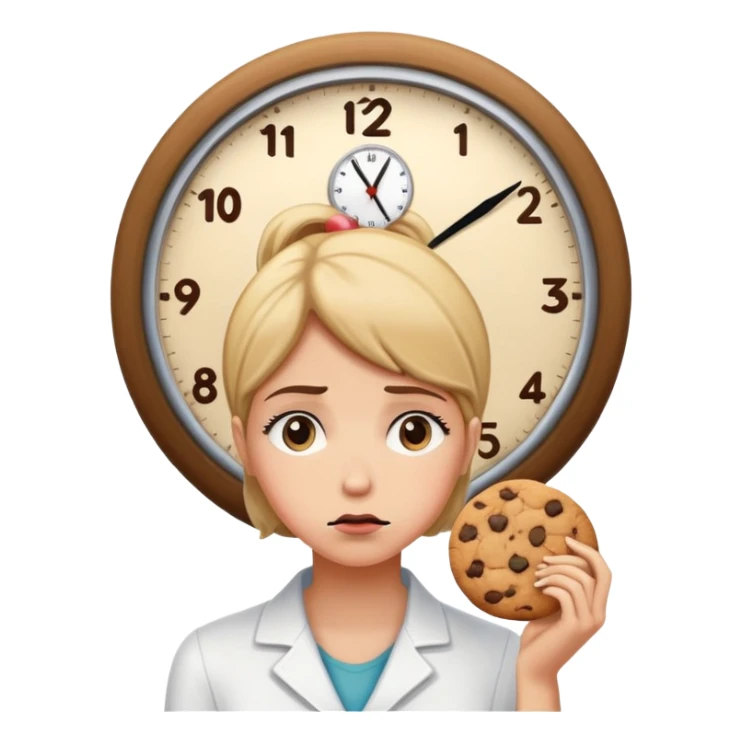 woman waiting hungry and sad  for cookie to be ready, looking on a clock that is on the wall  sticker