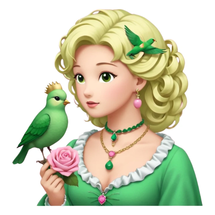 un oiseau classique vert avec un collier avec des breloque argentées et un poil blond qui fait une petite bouclette sur le front et à côté un oiseau rose avec le même collier mais en doré et un cheveu marron et les deux se regardent sticker