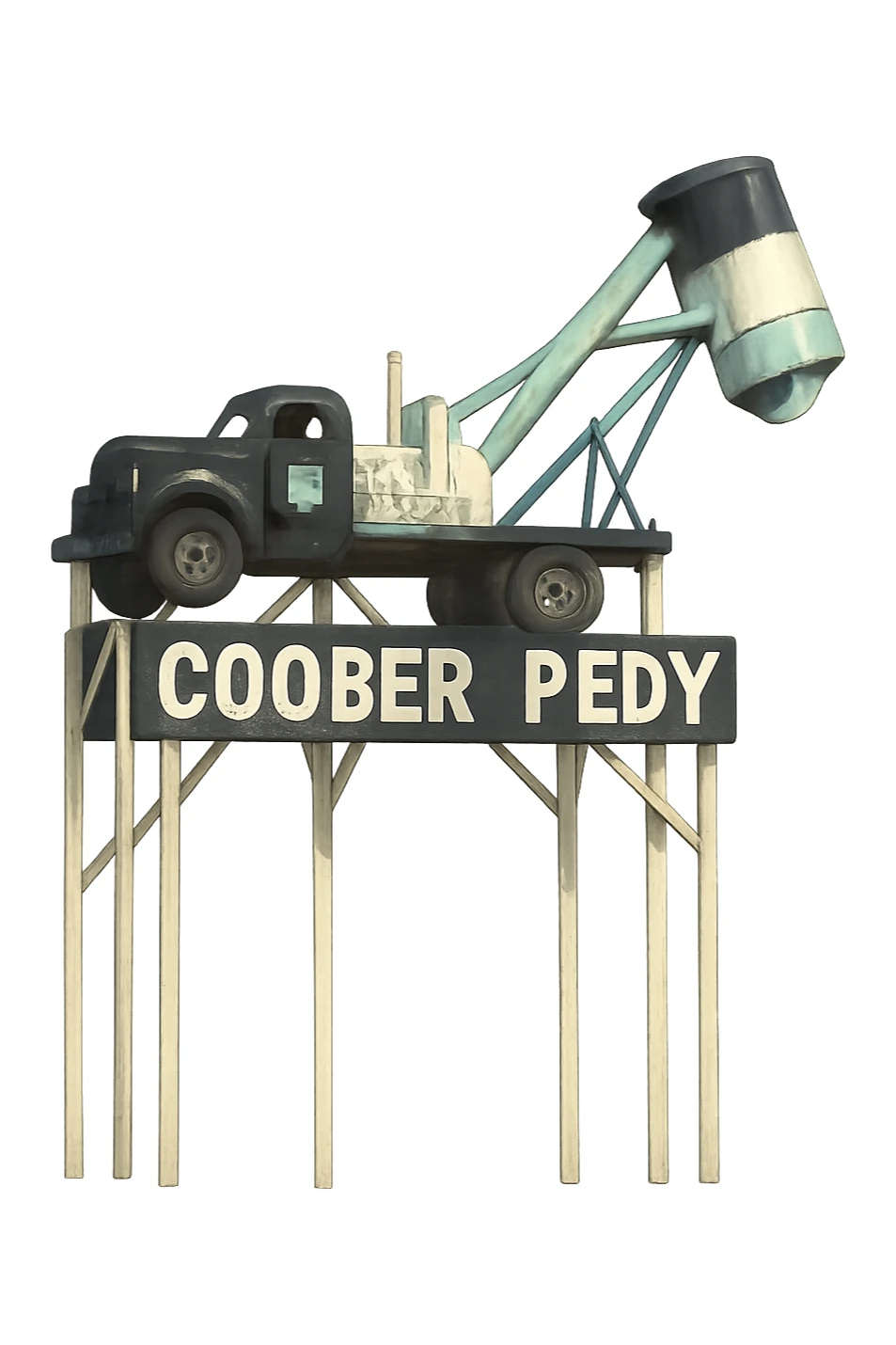 Такая же картинка с надписью Coober Pedy в слегка рисованном, но при этом объёмном стиле, прозрачный фон sticker