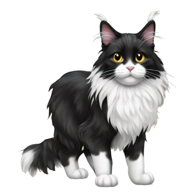 A black and white Maine Coon cat stands on the floor sticker