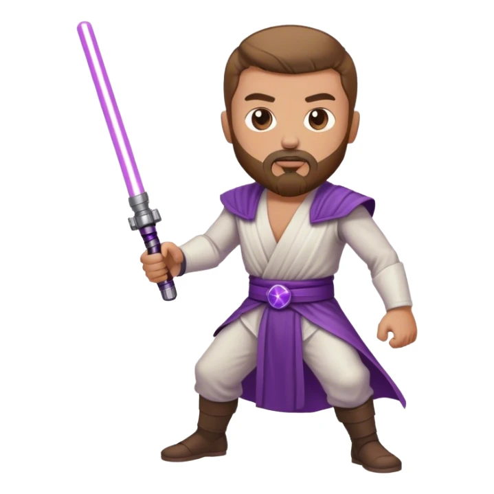 white man with brown beard and goatee  standing in a fighting pose holding a purple lightsaber  sticker