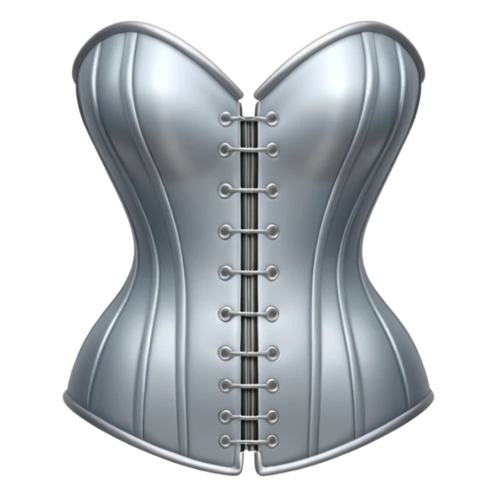 A luxury corset emoji made of silver chrome, smooth metallic curves, minimal fashion silhouette, glossy reflections, sensual high-end aesthetic, iOS emoji style, centered, clean white background sticker