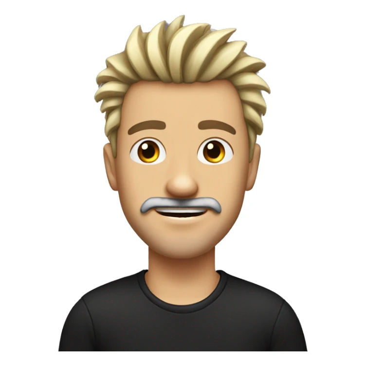 White man, with happy expression, with spiked hair, nose piercing, brown eyes, mustache and goatee, black t-shirt sticker