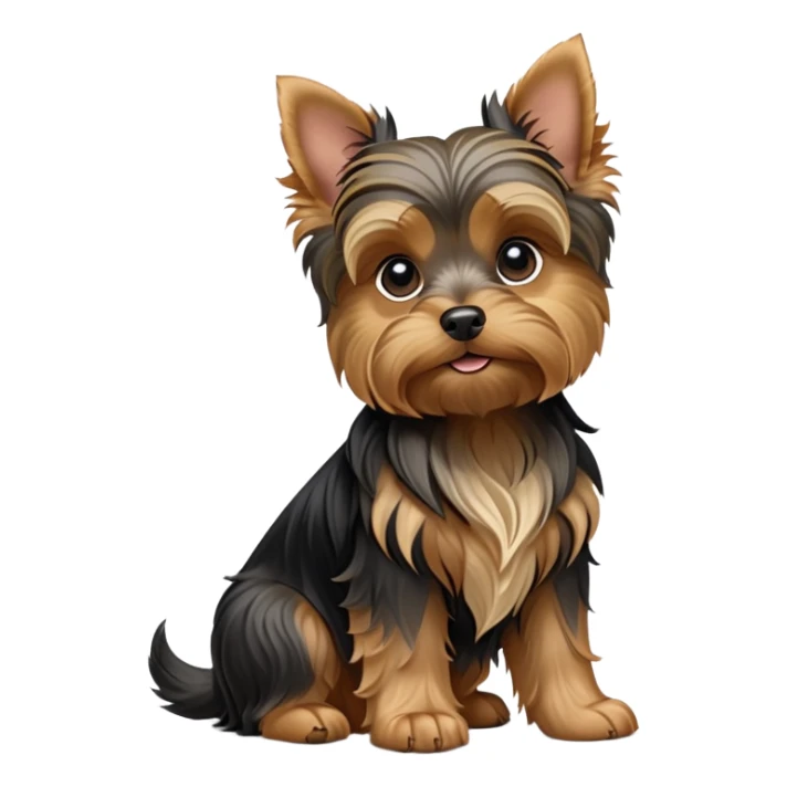 cinematic-[yorkshire terrier]-realistic-full-body-sitting-emoji,-tail-resting-loosely-beside-its-paws,-head-tilted-dramatically,-wavy-[black and tan-fur,-simplified-yet-realistic-focused-features,-highly-detailed,-glowing-with-an-almost-sarcastic-glow sticker