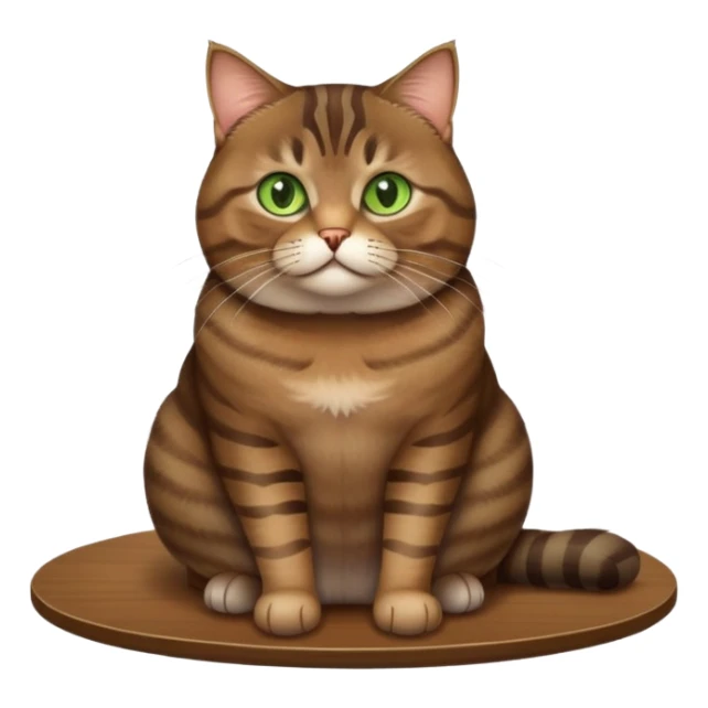 A fat brown tabby cat with green eyes sitting on a table sticker