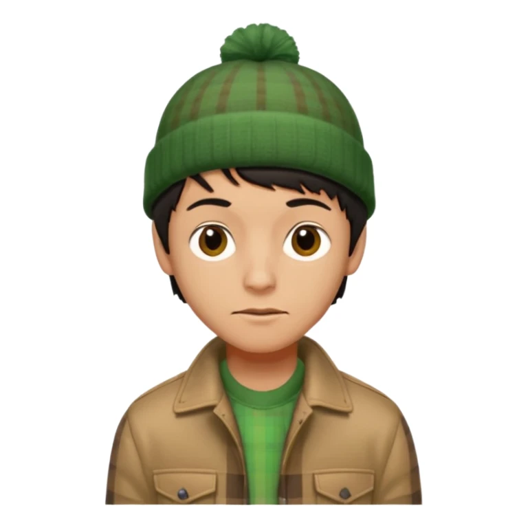 young man with longish black Beatle haircut, brown eyes, tan complexion, green beenie hat, tan jacket, checked shirt , pork chop sideburns sticker