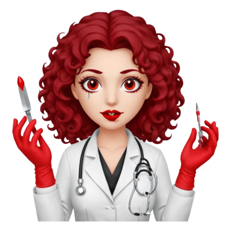 Lilith scalpel in hand, evil surgeon sexy surgeon clothes.  She has red eyes. She has dark brown long curly hair. Wears sexy doctor outfit with red gloves. Covers mouth neck and nose with red litham for Muslim woman sticker