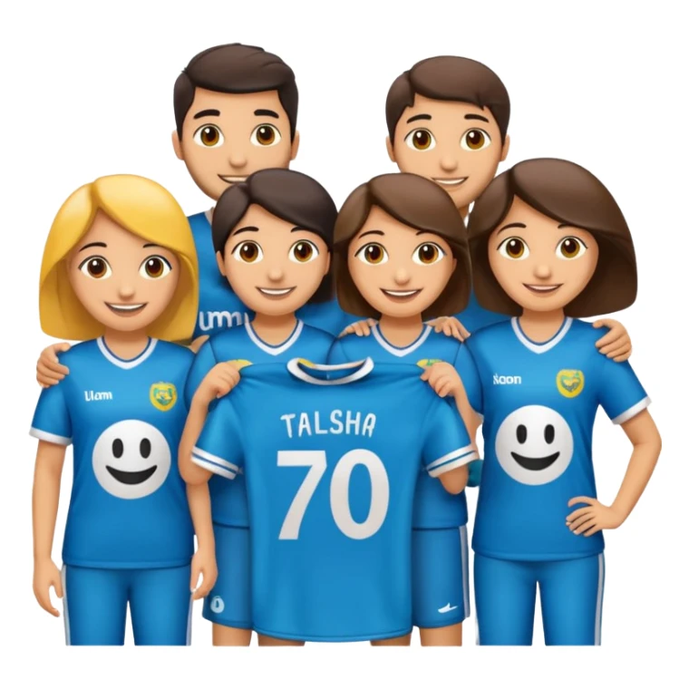 Make 5 decent characters include 4 girls and 1 boy and mentioned there names on there jersey ist husna, tuba, maleeha,alishba and boy Talha also smiley.creat a sign board and a besties off UOM and the  sign board takes by boy in his hand sticker