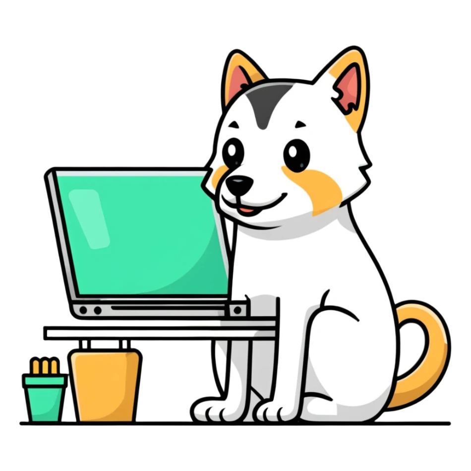 light-colored dog as a graphic designer, sitting at a computer, working on a design sticker