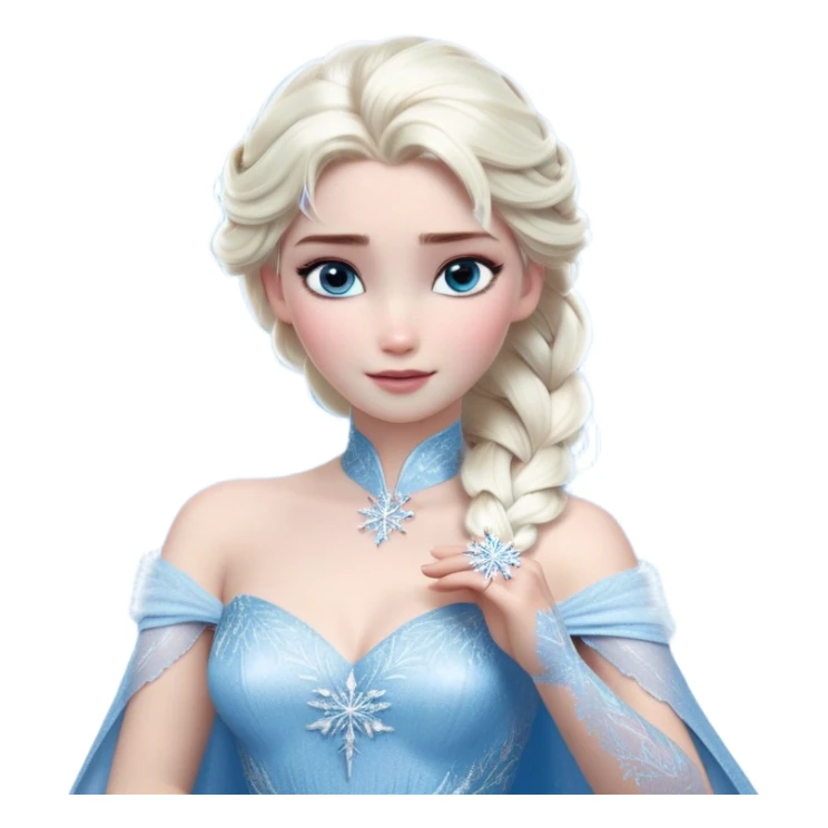 Cinematic Realistic Elsa Portrait, depicted with lifelike skin texture, soft natural lighting, and intricately detailed platinum blonde hair styled elegantly. Her striking, expressive blue eyes exude confidence and grace, complemented by a serene and regal expression. She holds a shimmering snowflake delicately in one hand, her other hand resting against her gown, embodying the power and beauty of winter. She is dressed in her signature icy attire, with shimmering fabric textures and delicate folds that catch the light beautifully. The portrait features a soft, enchanting glow with a cool, radiant finish, capturing the essence of timeless elegance in a realistic and painterly style. sticker