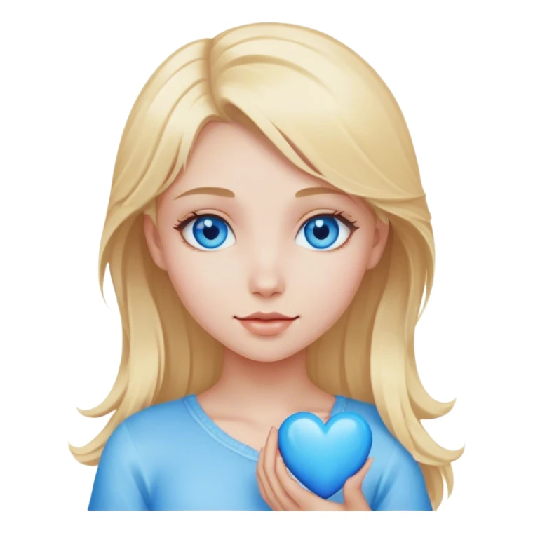 Blonde girl with blue eyes holding a blue heart sticker